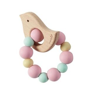 Mud Pie Baby Teether Girls Pink Bird Wood & Silicone BPA Free Baby Shower Gift